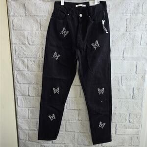 PacSun Women's Black Butterfly Bedazzled High Rise Slim Button Fly Jeans NWT 25